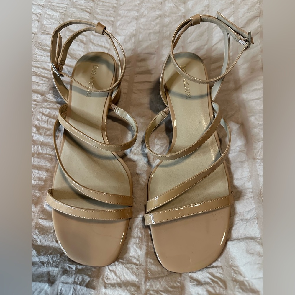 Enzo Angiolini - Nude Strappy - Patent Leather Sandal- Chunk Rounded Low Heel